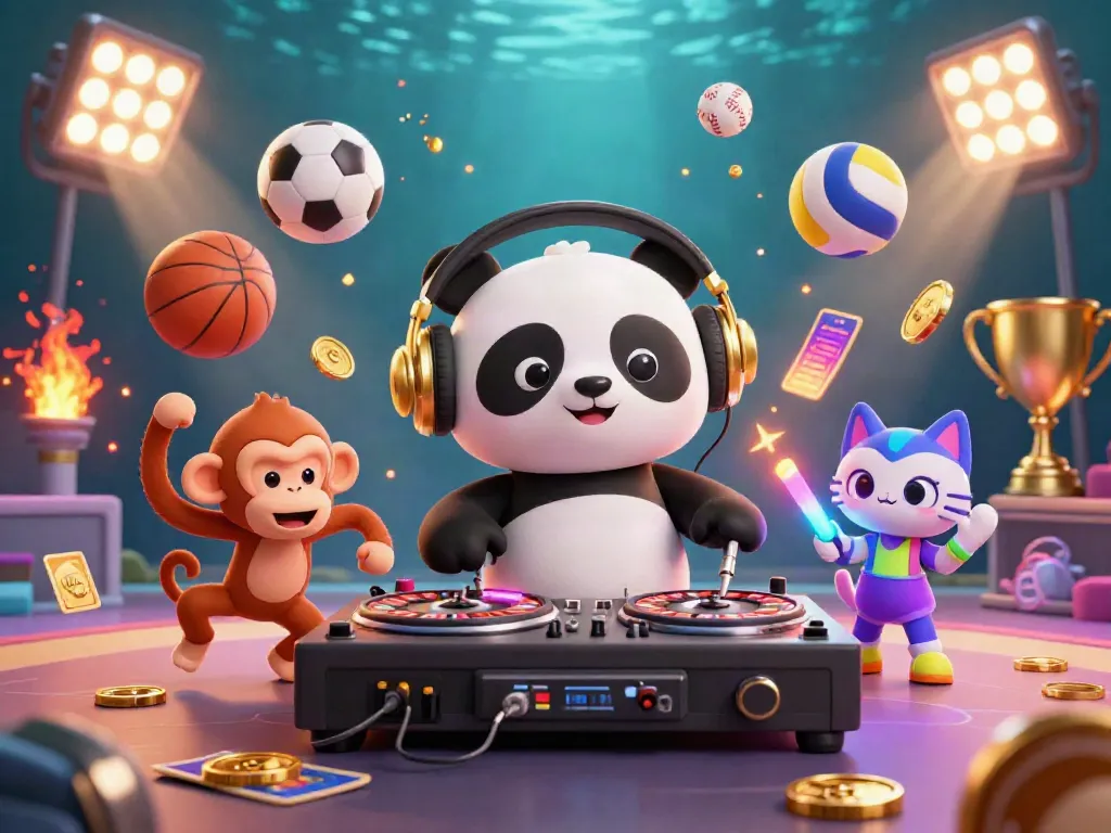 Engage with the excitement of link sunwin in a vibrant 3D casino scene featuring fun characters and dynamic sports elements.