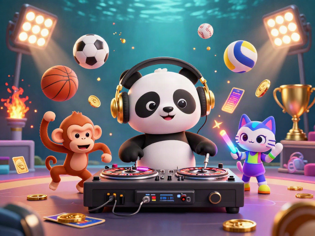 Engage with the excitement of link sunwin in a vibrant 3D casino scene featuring fun characters and dynamic sports elements.