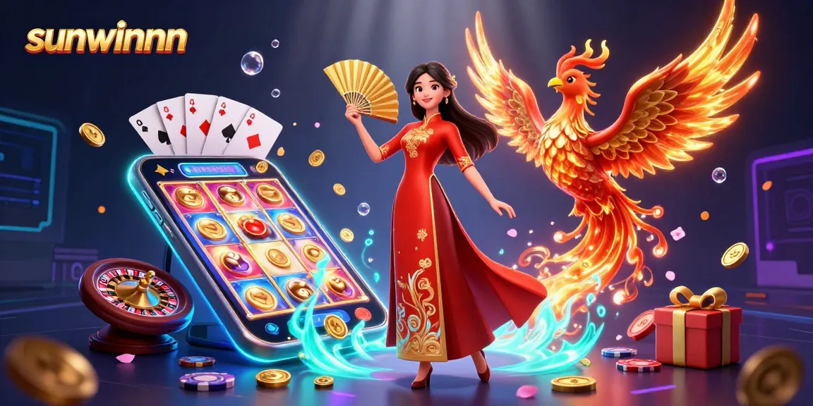 Experience thrilling casino action with sunwinnnn, featuring a vibrant 3D scene of games and characters.