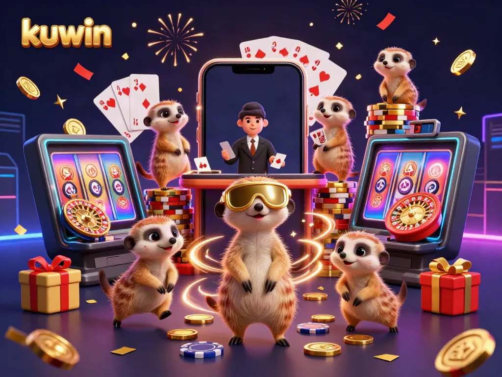 Kuwin meerkats operating a lively casino, showcasing colorful slots and casino games.