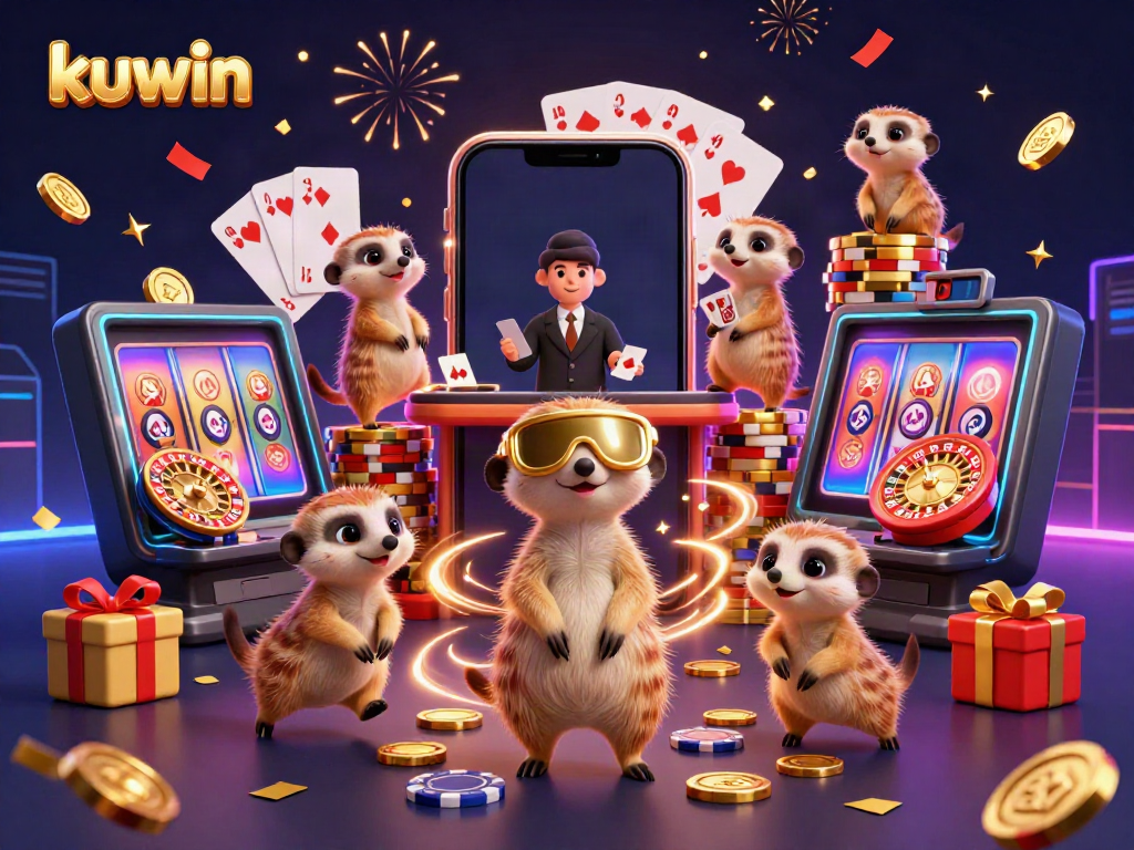 Kuwin meerkats operating a lively casino, showcasing colorful slots and casino games.