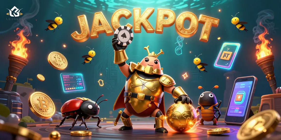 Spin to win at LGOGOAL with vibrant 3D jackpot scene featuring insects and crypto symbols.