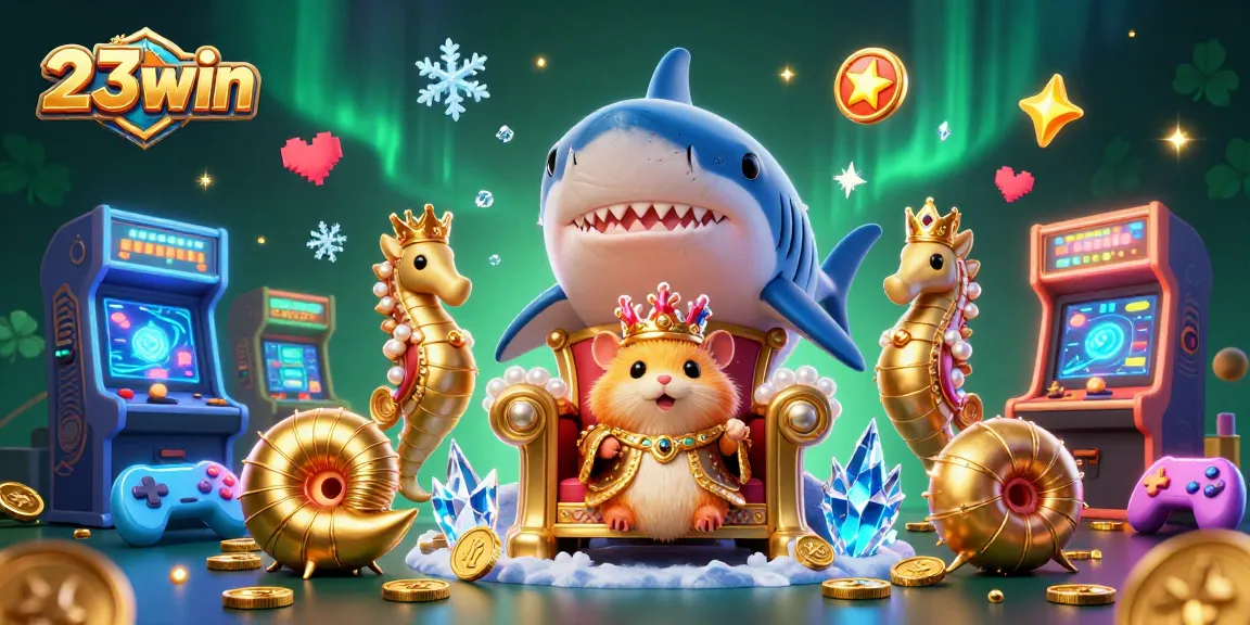 Experience the vibrant 23win adventure with a golden hamster king and seahorse guards in a rich casino scene.