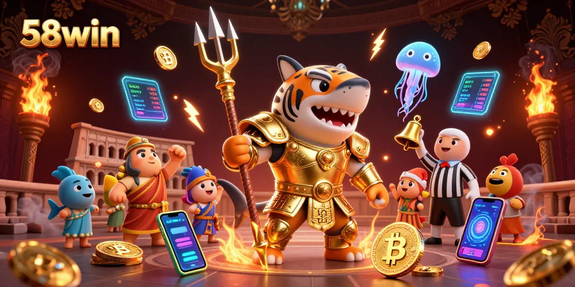 Join the excitement at 58win casino with a dynamic underwater gambling scene featuring vibrant characters and crypto elements.
