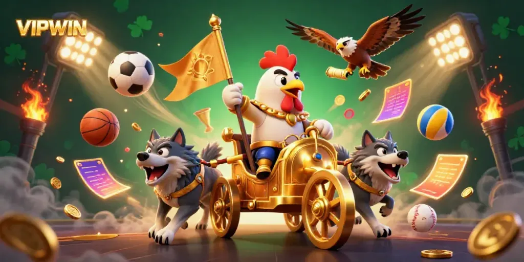 Experience VIPWIN's thrilling gaming action with a rooster warlord leading in a dynamic 3D casino scene.