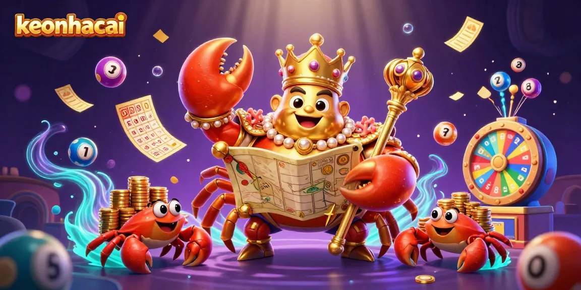 Engage with the thrilling world of keonhacai as the golden crab emperor oversees an exciting lottery scene.