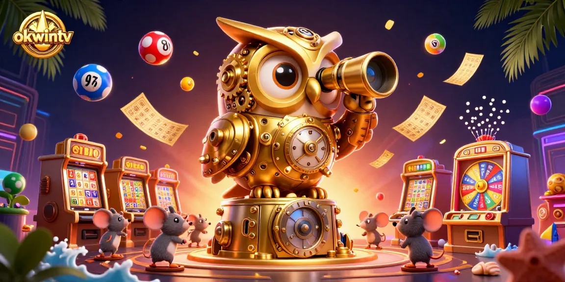 Okwintv showcases a clockwork owl and lively characters celebrating casino games with vibrant lottery elements.