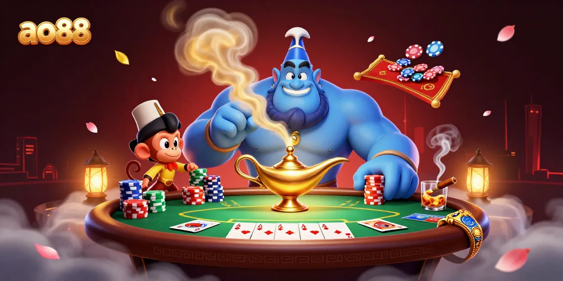 Play exciting games at ao88 with a vibrant 3D casino scene featuring a genie, poker elements, and magical details.