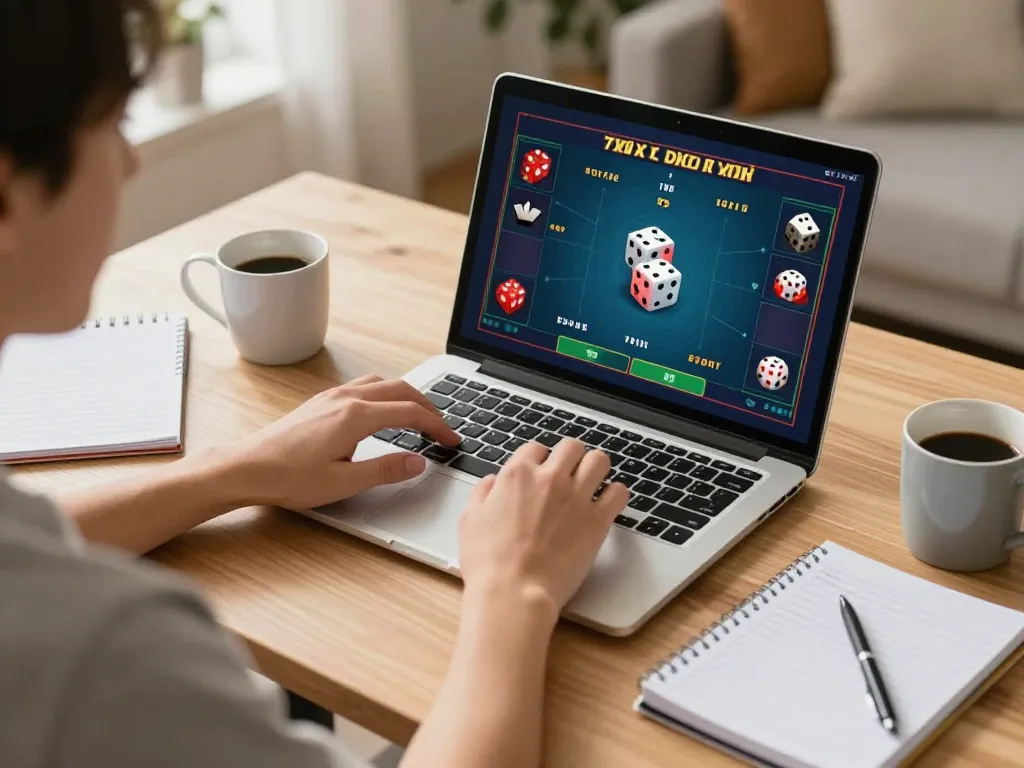 Engaging in tài xỉu online gaming during a cozy home environment, laptop screen displaying the dice game