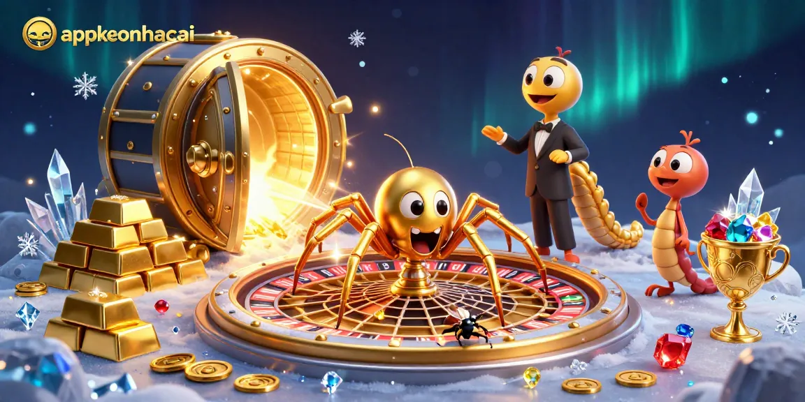 appkeonhacai showcases a fun gambling scene with a spider croupier spinning a roulette wheel web, creating an engaging atmosphere.
