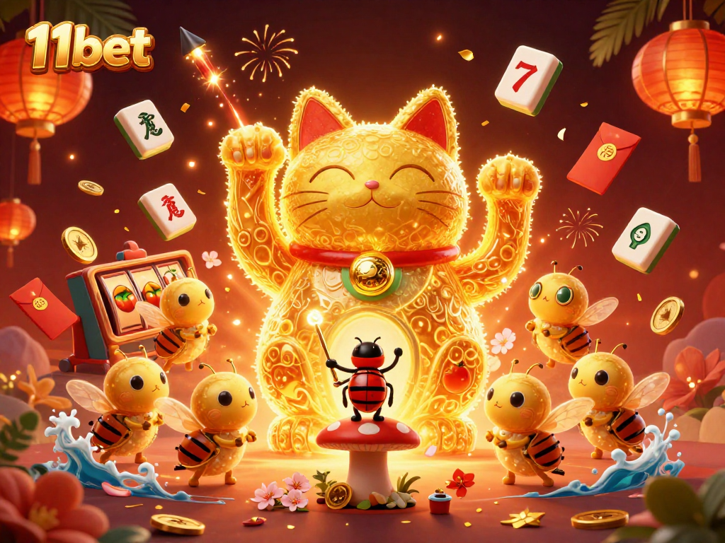 Engage with 11bet's exhilarating slots through a rich, vibrant scene full of casino symbols.