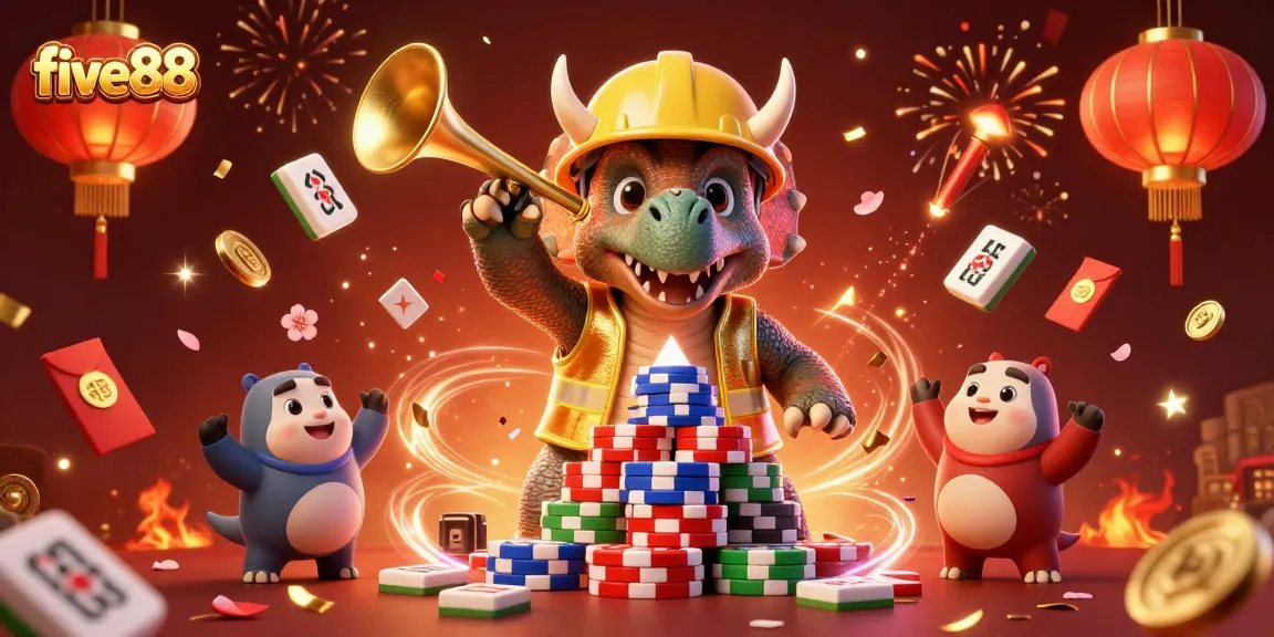 Celebrate with five88 in this vibrant casino-themed illustration featuring dynamic characters and elements.