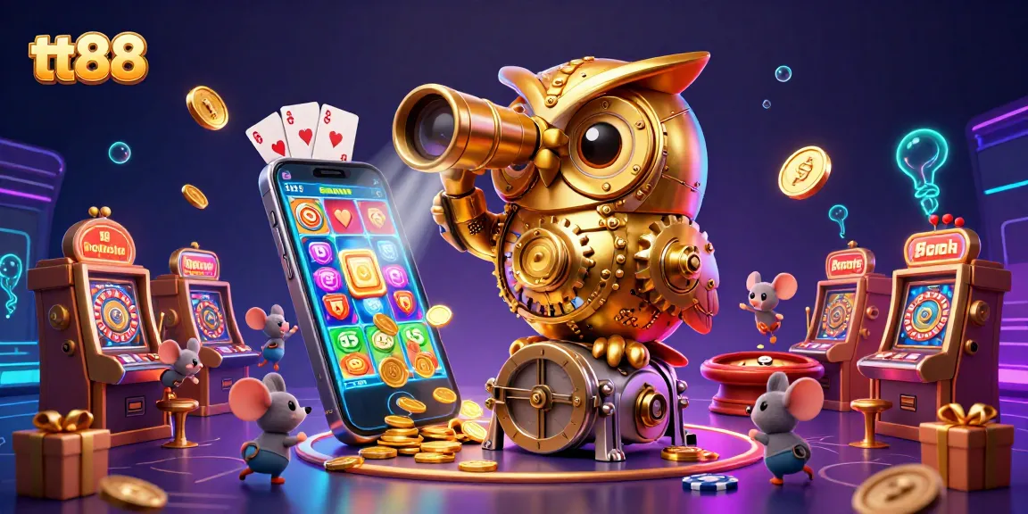 Experience thrilling moments at tt88 with a vibrant casino scene featuring a golden owl and slot games.