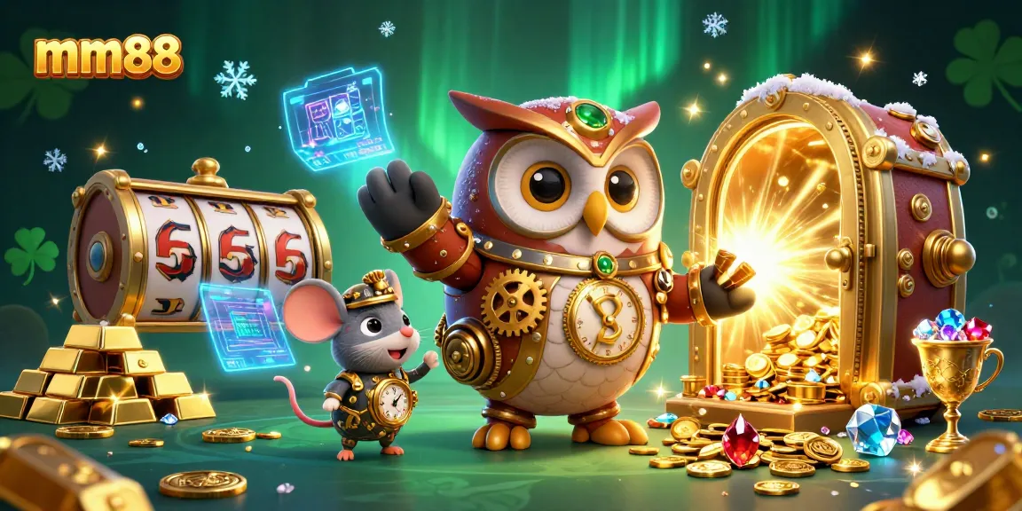 Experience thrilling gameplay at mm88 with a vibrant 3D casino illustration highlighting slot machines and enchanting treasures.