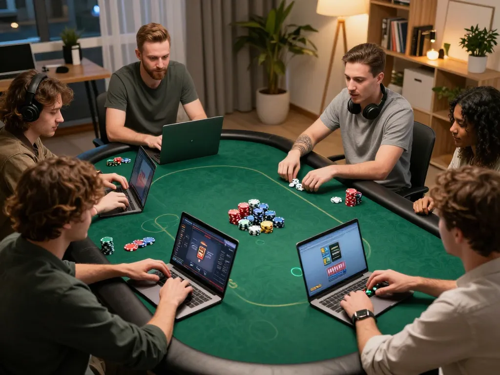 MM88 players engaging in intense poker strategy during an online game session at home.