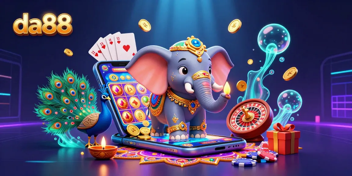 Engage with da88's vibrant 3D illustrated casino world featuring an elephant and rich gaming elements.