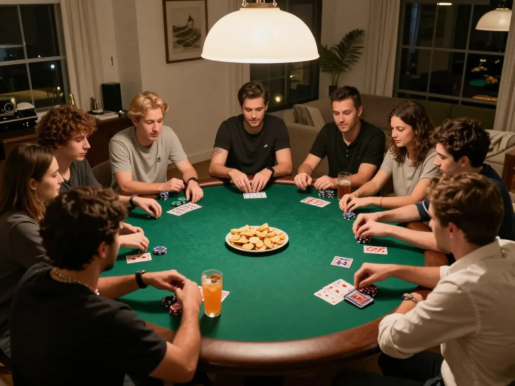 Friends enjoy a lively poker game at home while playing mm88 with vibrant snacks and drinks