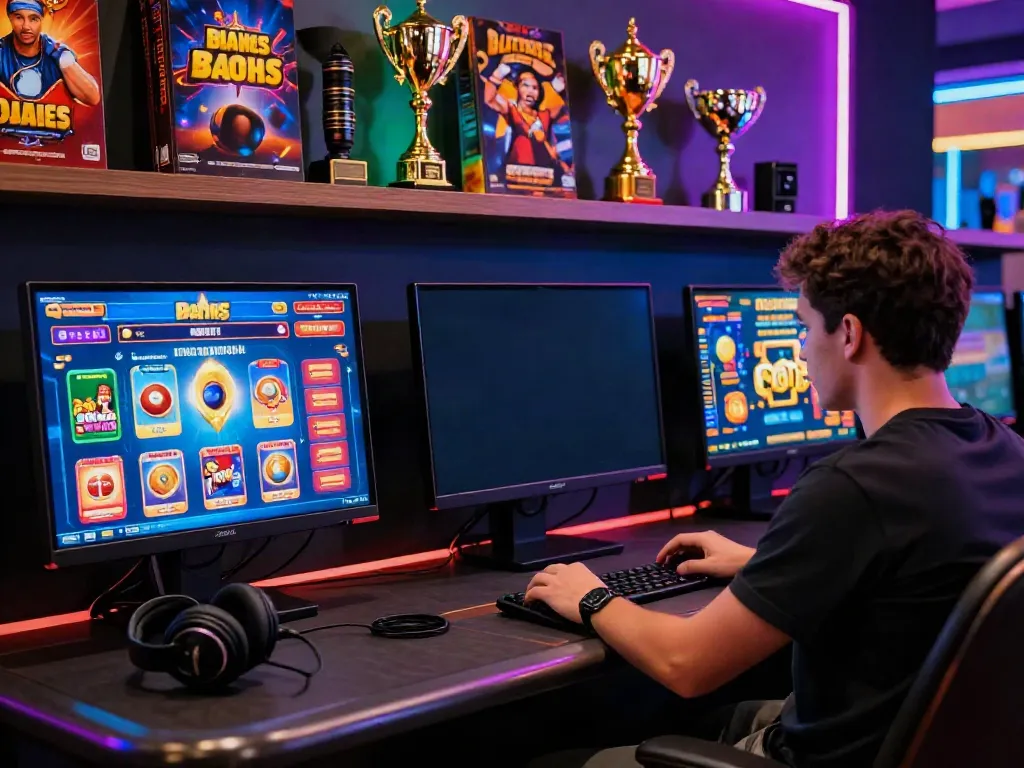 Exciting atmosphere of a player enjoying bonus sans depot casino on a sleek gaming setup with vibrant visuals.