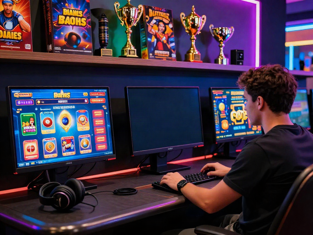 Exciting atmosphere of a player enjoying bonus sans depot casino on a sleek gaming setup with vibrant visuals.