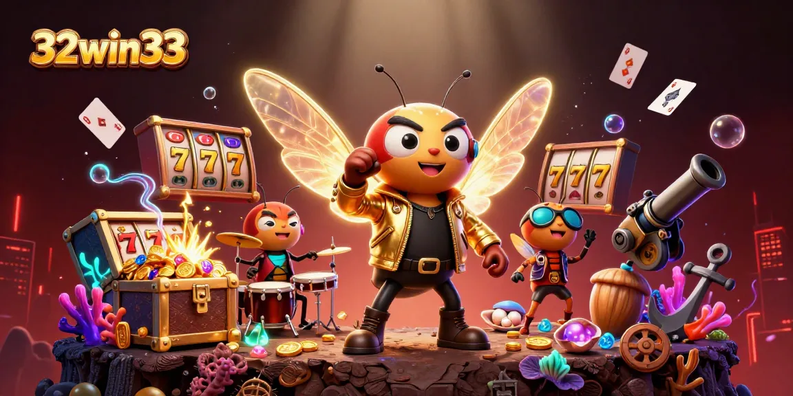 Experience thrilling fun at 32win33 with a vibrant casino-themed 3D illustration featuring exciting game elements.