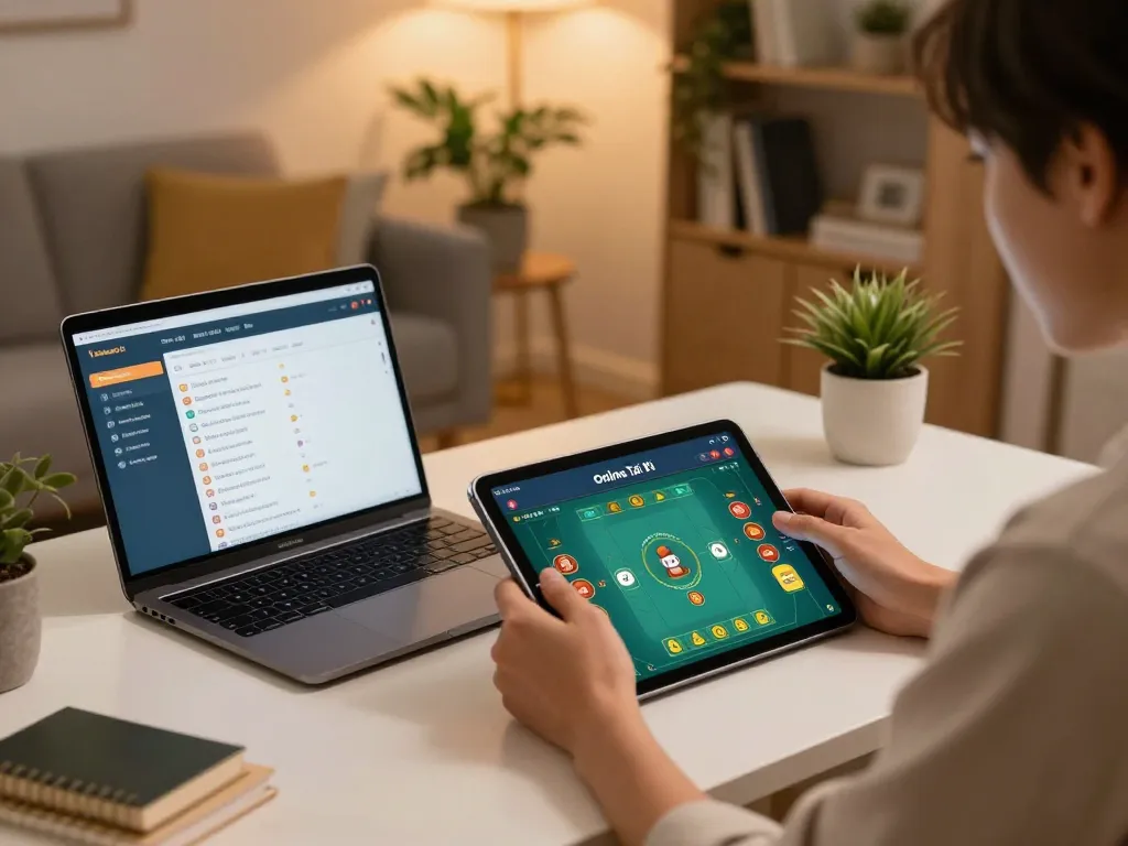 Engaging gameplay on taixiuonlinego app, showcasing tablet use with betting strategies visible in a warm home setting