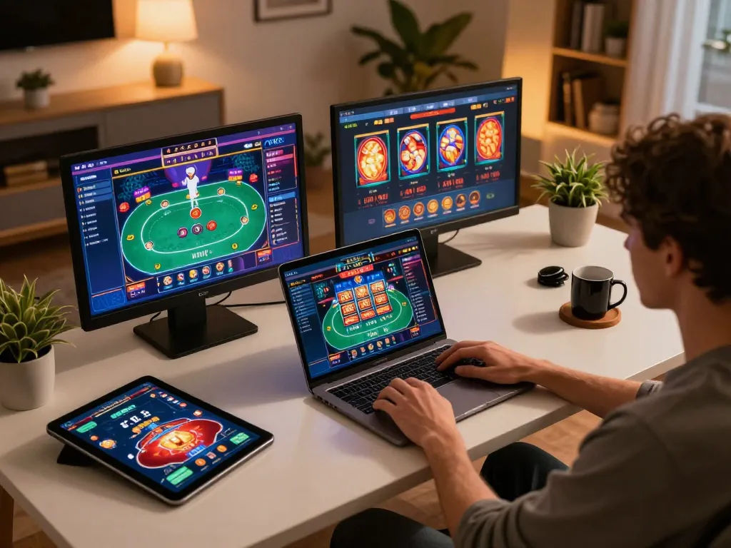 KJC online gaming experience with a person strategizing gameplay on a laptop and tablet in a stylish home