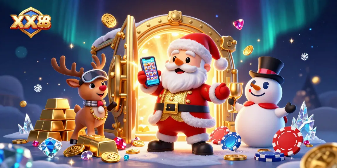 Engage with the XX 88 casino adventure as Santa spins jackpot slots in a magical scene.