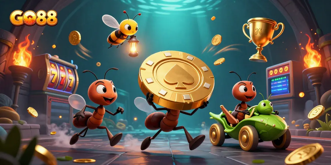 Engage in thrilling gameplay at GO88 with cheerful 3D characters celebrating over a golden poker chip in a dynamic casino scene.