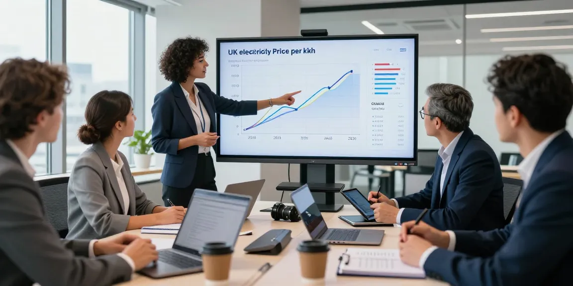 Business professionals discussing UK electricity price per kWh 2026 in a collaborative office setting, analyzing charts and strategies.
