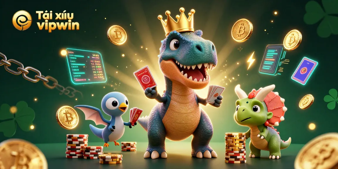 Tài xỉu vipwin features a T-Rex, pterodactyl, and triceratops playing cards and stacking chips in a vibrant casino scene.