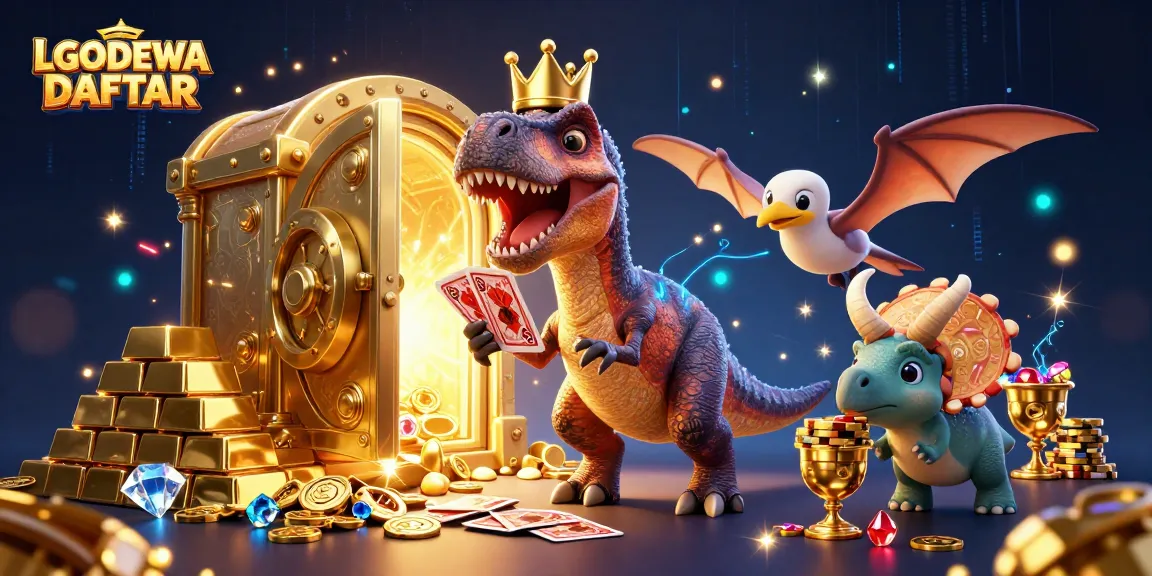 Engage in gaming adventures with LGODEWA DAFTAR showcasing T-Rex and friends amidst treasures.