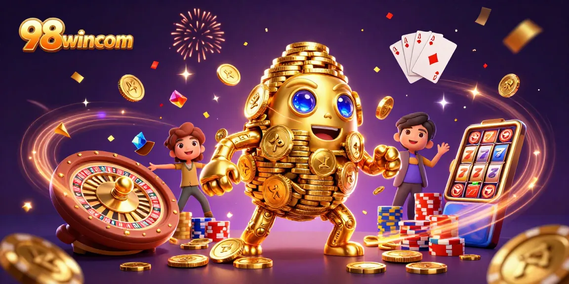 Spin the reels with 98wincom's vibrant 3D casino scene featuring a golden golem.