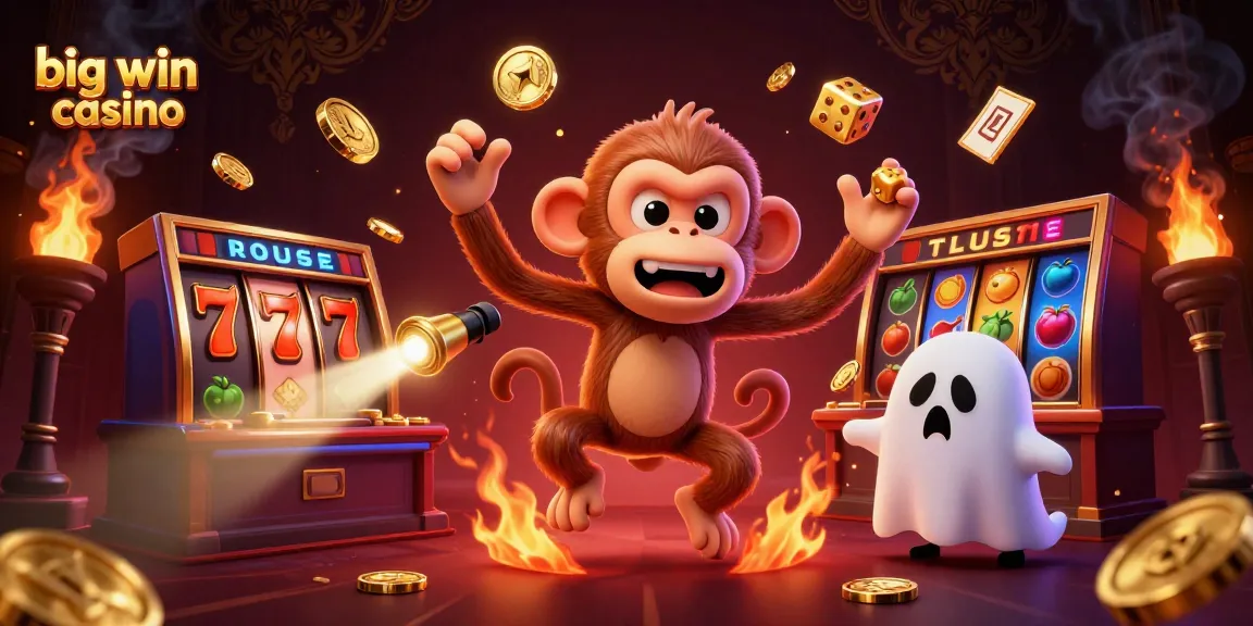 Win big at big win casino with a playful poltergeist monkey and ghost-hunter puppy illustration.