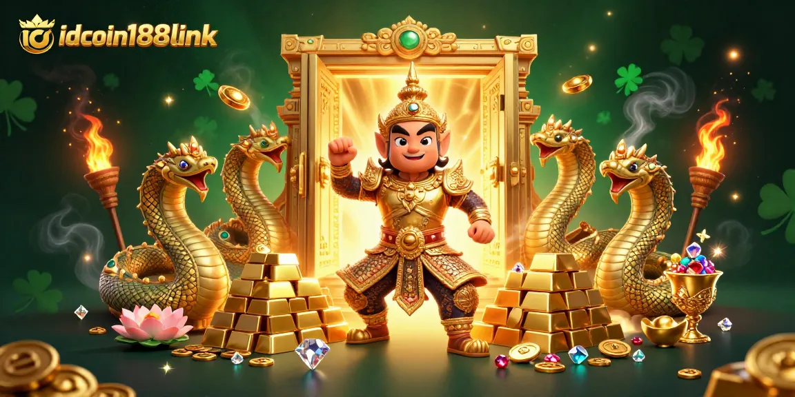 Join the excitement at idcoin188link with a vibrant 3D casino scene featuring gold treasures and guardians.