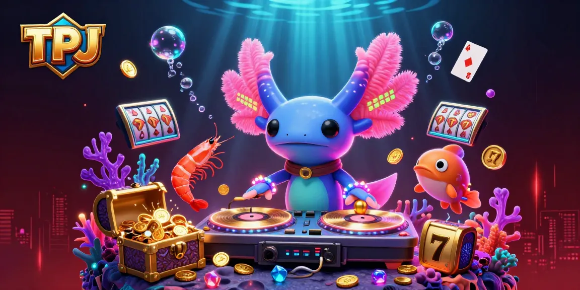 Engage with TPJ's vibrant 3D illustration featuring casino-themed axolotl DJ surrounded by dynamic gaming elements.