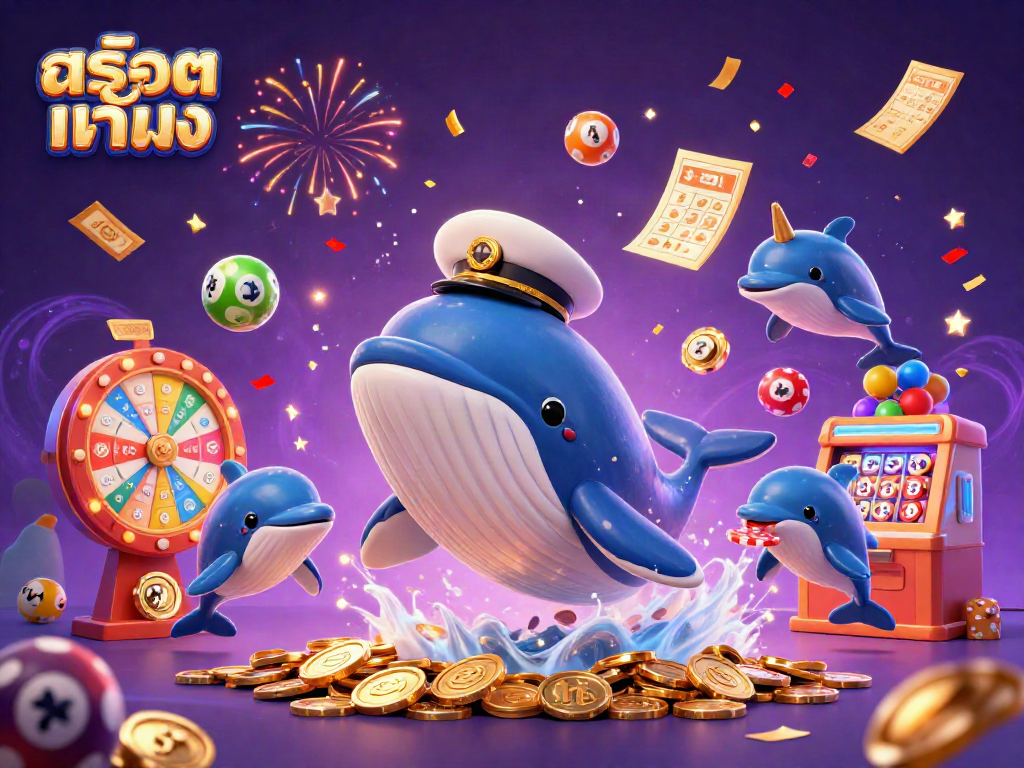 Engage with สล็อตแท้ตรง, featuring a vibrant 3D scene of a cartoon whale and playful dolphins celebrating with lottery elements and confetti.