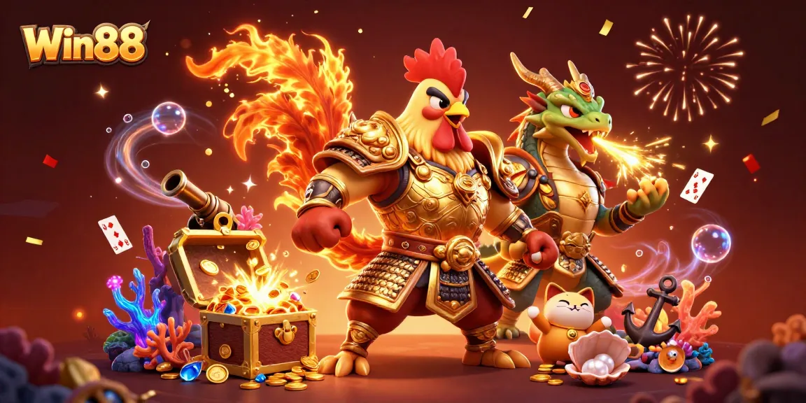 Win88 features a powerful rooster warrior and dragon hatchling celebrating a big win with colorful gems.