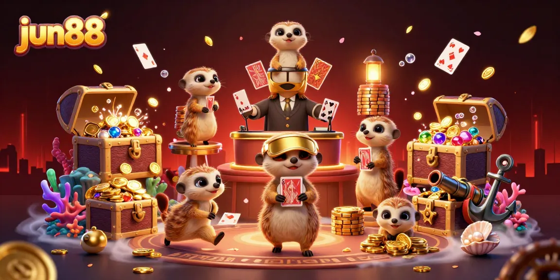 Experience the excitement of jun88 as meerkats operate a vibrant casino, surrounded by treasure and dynamic game elements.