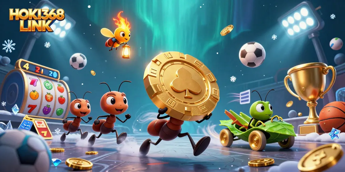 Engage with the HOKI368 LINK in a vibrant casino heist scene featuring ants and sports elements.