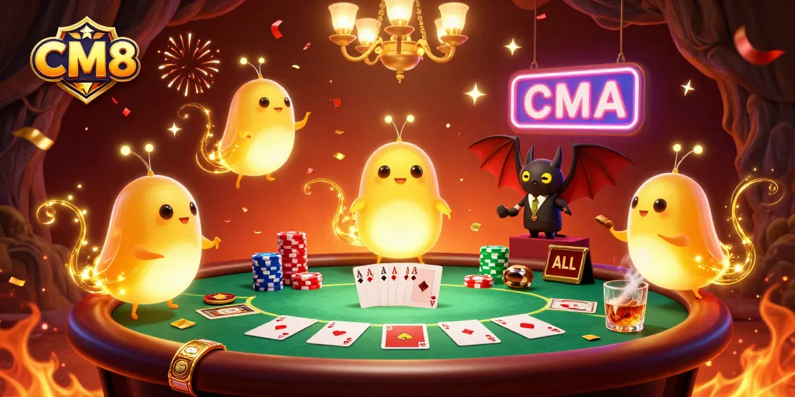 Experience exciting gameplay at CM8, featuring vibrant casino scenes filled with poker tables and glowworms.
