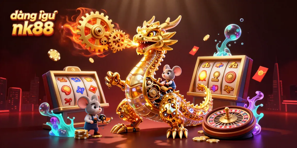Engage with the thrilling world of đăng nhập nk88, featuring a mechanical dragon and slot games in an enticing design.