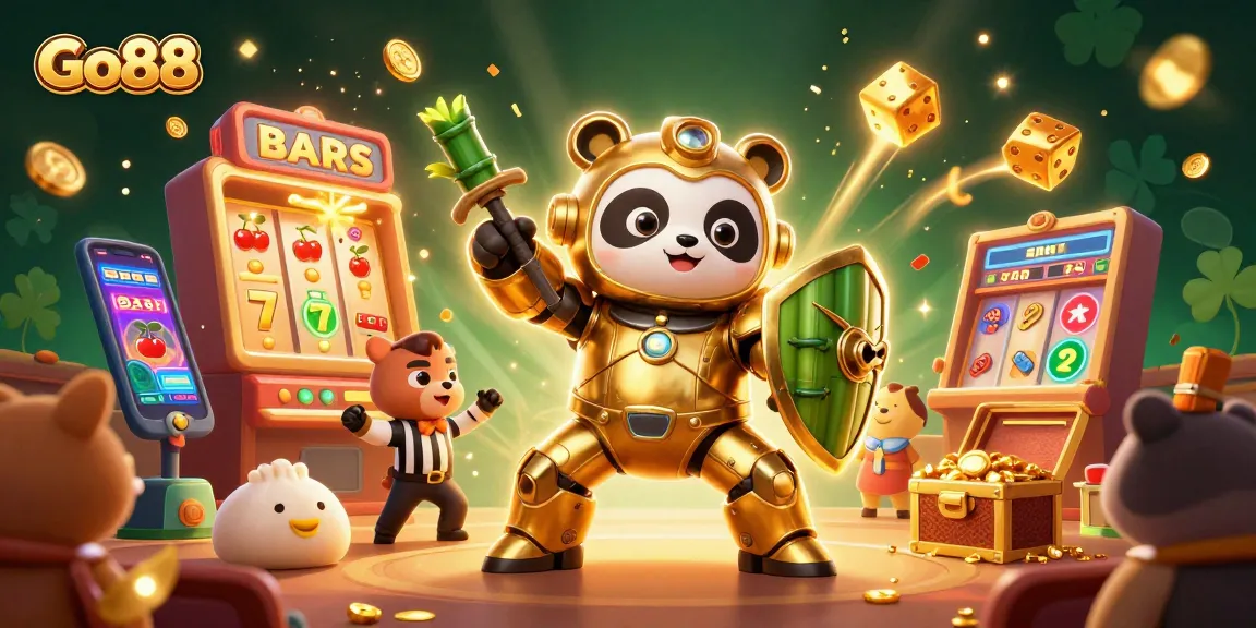 Experience dynamic gameplay with Go88's lively 3D illustration featuring a golden panda in action.