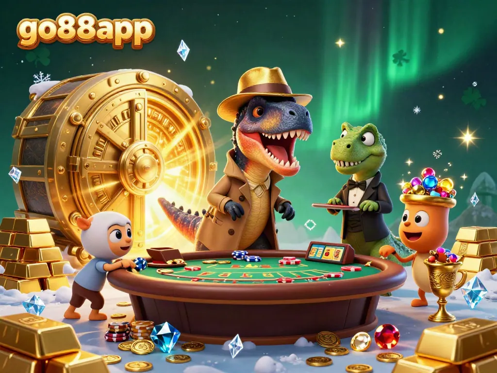 Experience the excitement of go88app with cartoon dinosaurs engaging in a thrilling blackjack game surrounded by treasures.