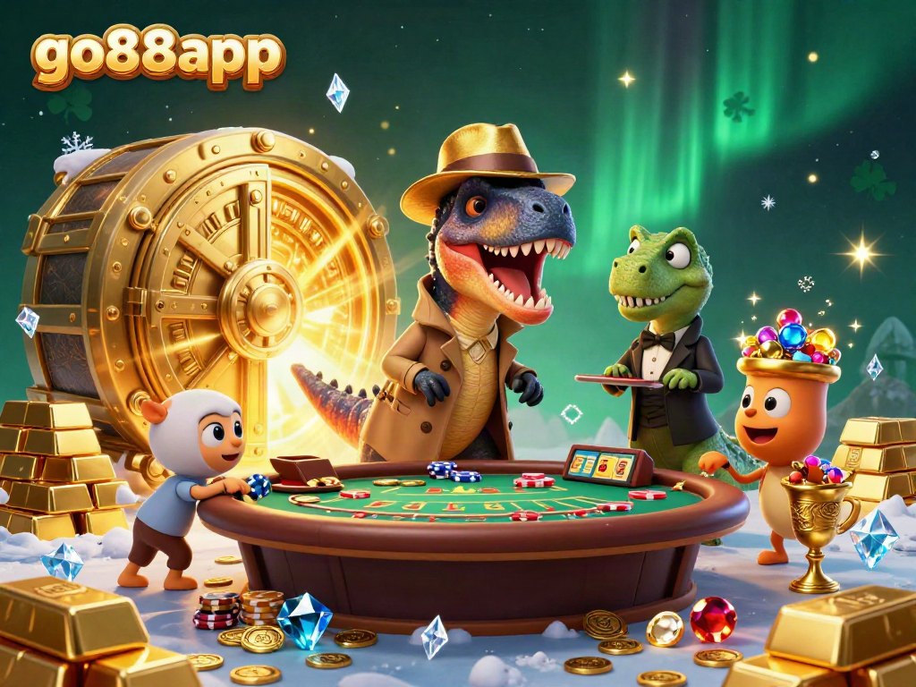 Experience the excitement of go88app with cartoon dinosaurs engaging in a thrilling blackjack game surrounded by treasures.
