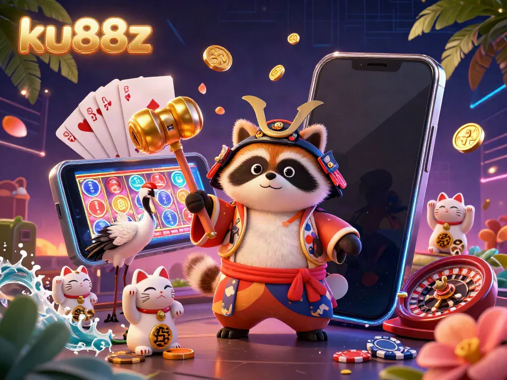Experience the vibrant world of ku88z with a cheerful tanuki and colorful fortune cats amid casino elements.