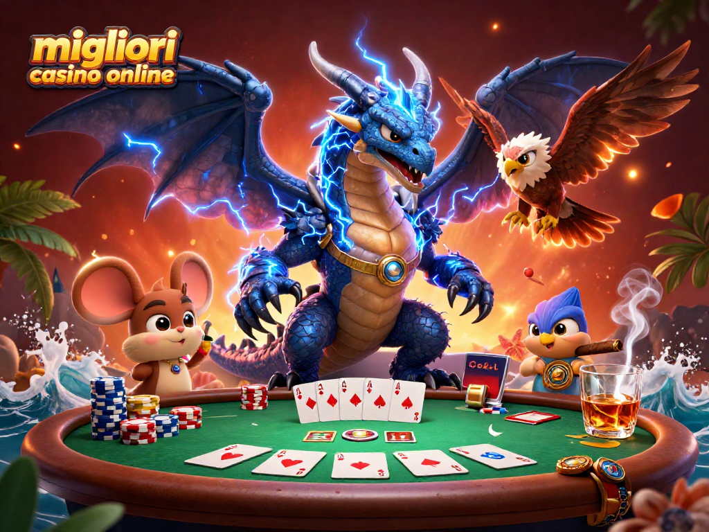 Gioca nei migliori casino online con un drago di fulmine e carte da poker in un'illustrazione vivace.