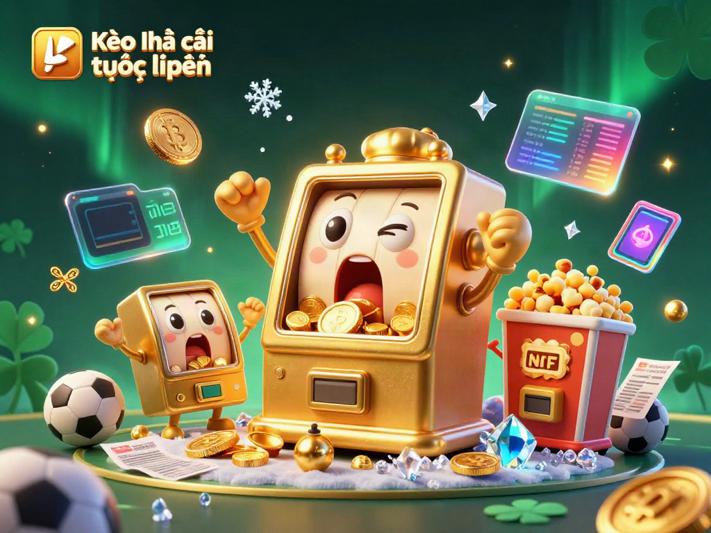 Engage with Kèo nhà cái trực tuyến as golden slot machines hit the jackpot surrounded by sports elements.
