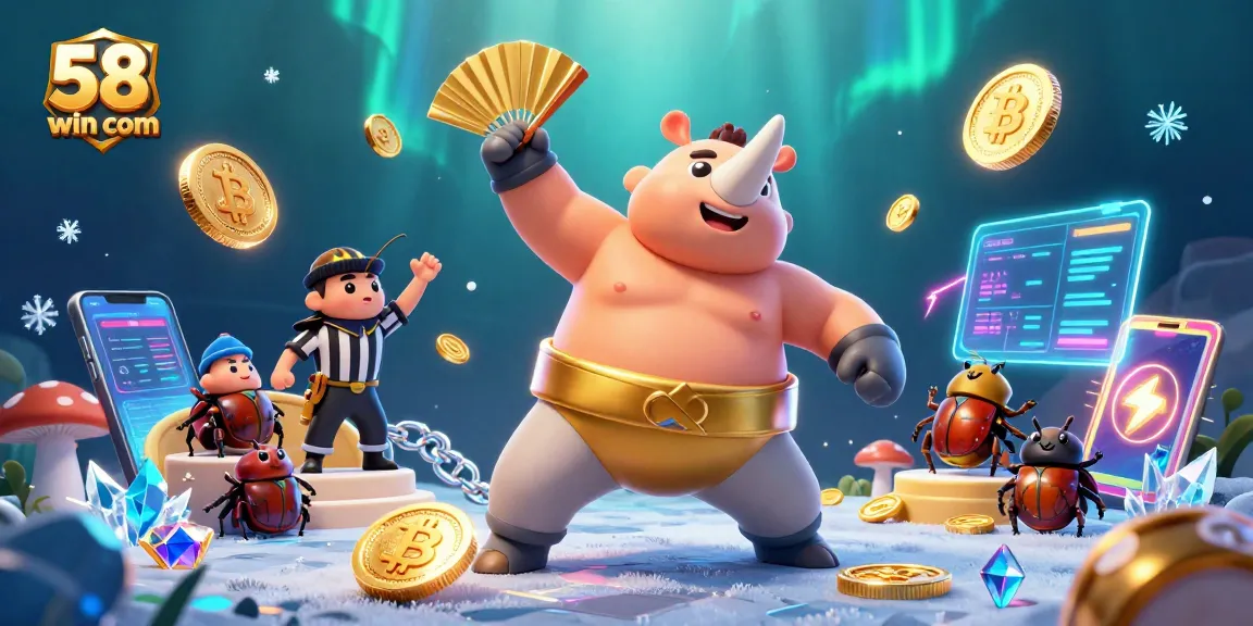 Experience thrilling wins at 58win com with vibrant animated gambling characters and dynamic crypto elements.
