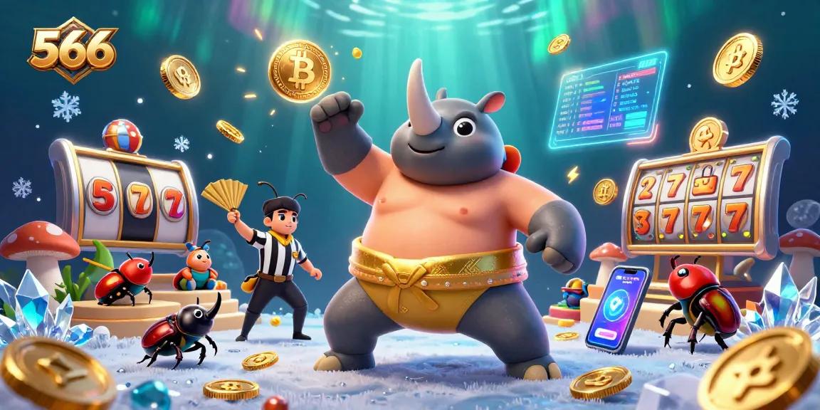 Experience exhilarating gameplay at 566 with a vibrant casino scene filled with slot elements and lively characters.