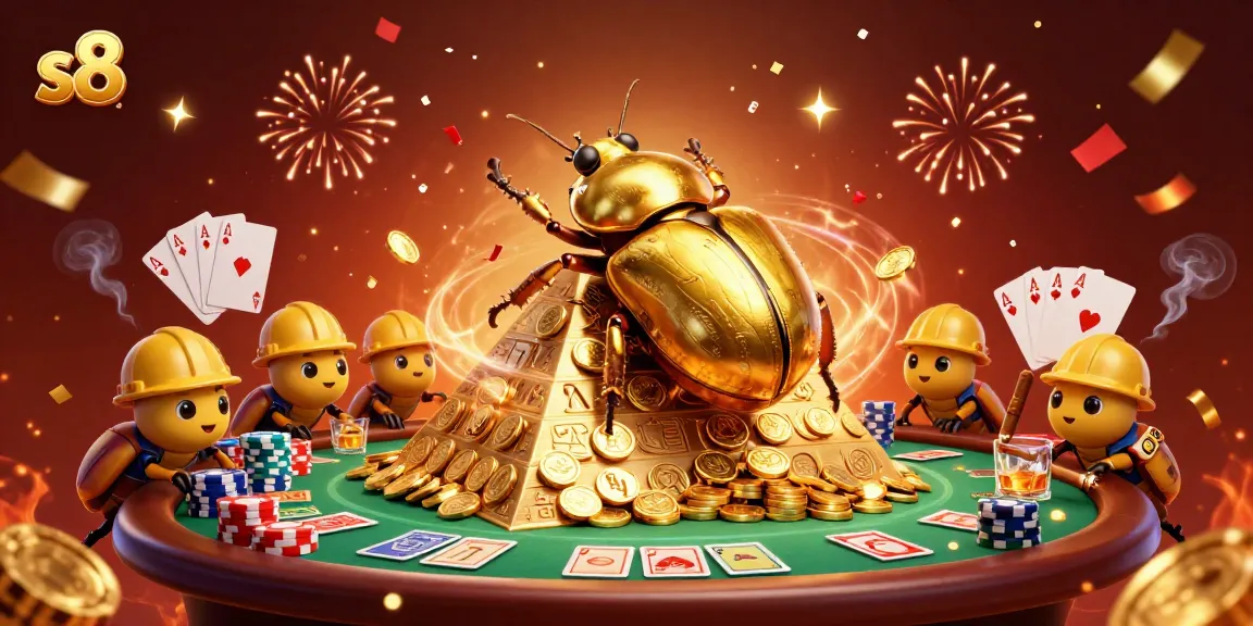 S8 players enjoy thrilling casino games with golden beetles rolling coins in a festive atmosphere.